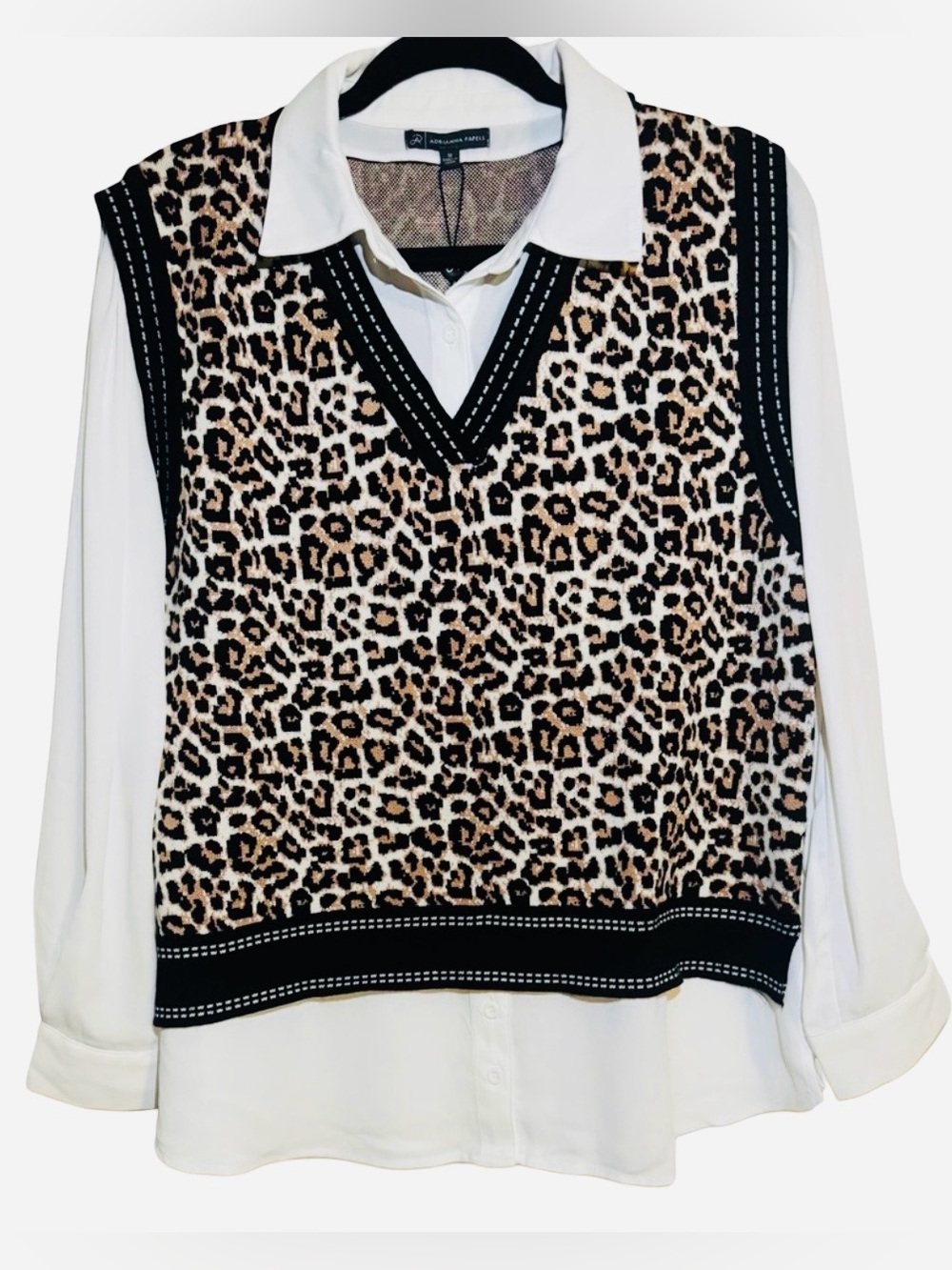 Adrianna Papell Leopard Print V-Neck Women’s Sweater Vest 
Over White Shirt. M